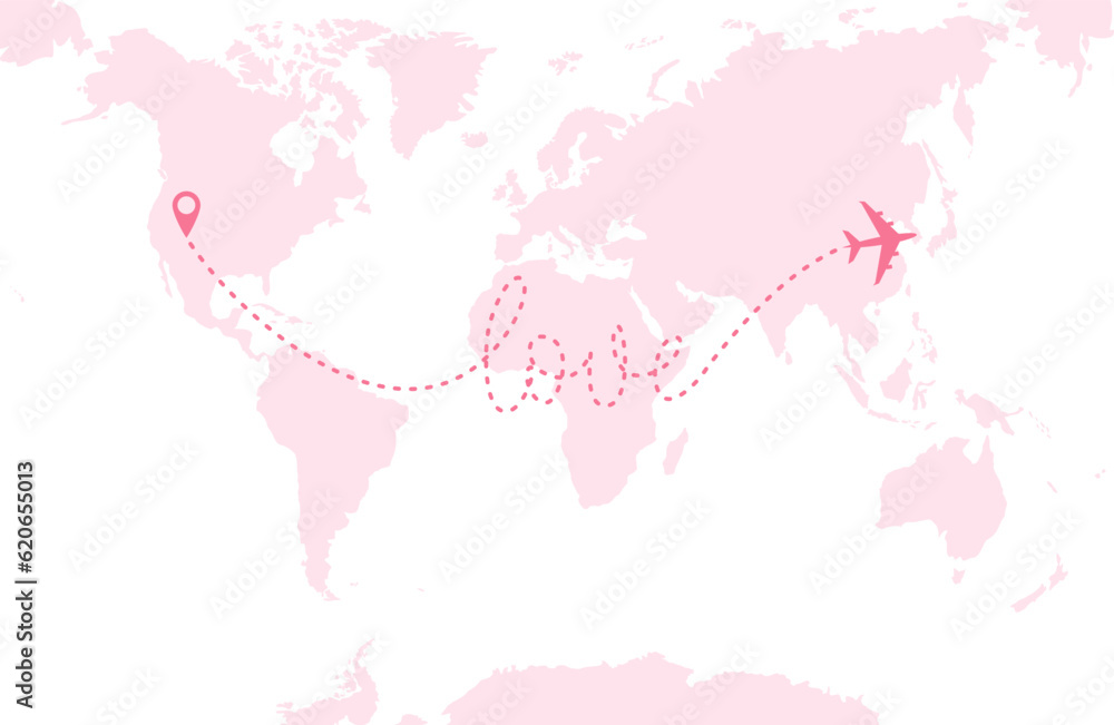 A pink airplane flying over a pink world map. Dashed route line in the form of word A pink airplane flying over a pink world map. Dashed route line in the form of word