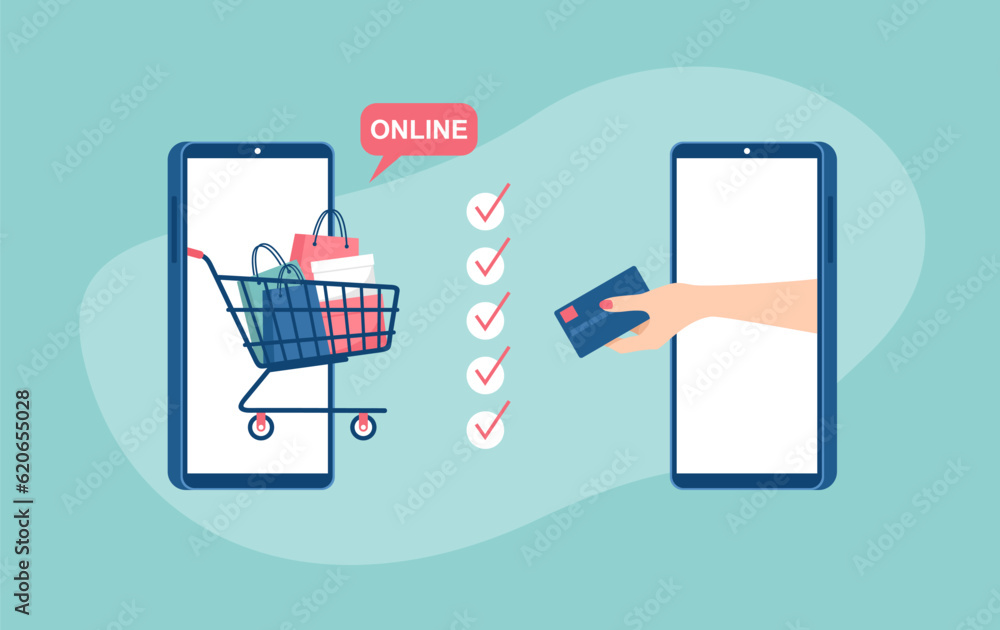 Online shopping concept. Smartphones with shopping cart full of purchases and female hand with credit card. Vector illustration in flat style Online shopping concept. Smartphones with shopping cart full of purchases and female hand with credit card. Vector illustration in flat style