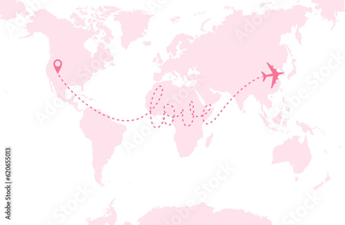 A pink airplane flying over a pink world map. Dashed route line in the form of word "love". Vector illustration