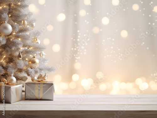 Empty white table with Christmas tree blurred background for product display