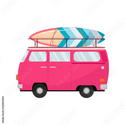 Travel car with surfboard. Tourism. Surfing. Vehicle.