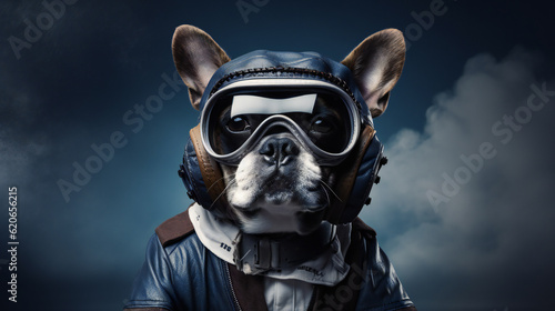 Cool looking dog wearing funky fashion dress - jacket, tie, glasses. Stylish animal posing as Pilot Aviator with Vintage Sunglasses Generative AI 