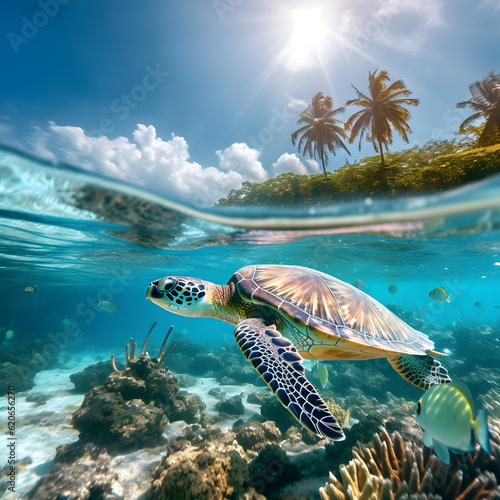 Caribbean Sea Scenery With Green Turtle