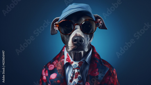 Cool looking dog wearing funky fashion dress - jacket, tie, glasses. Stylish animal posing as supermodel. Generative AI © Bogdan