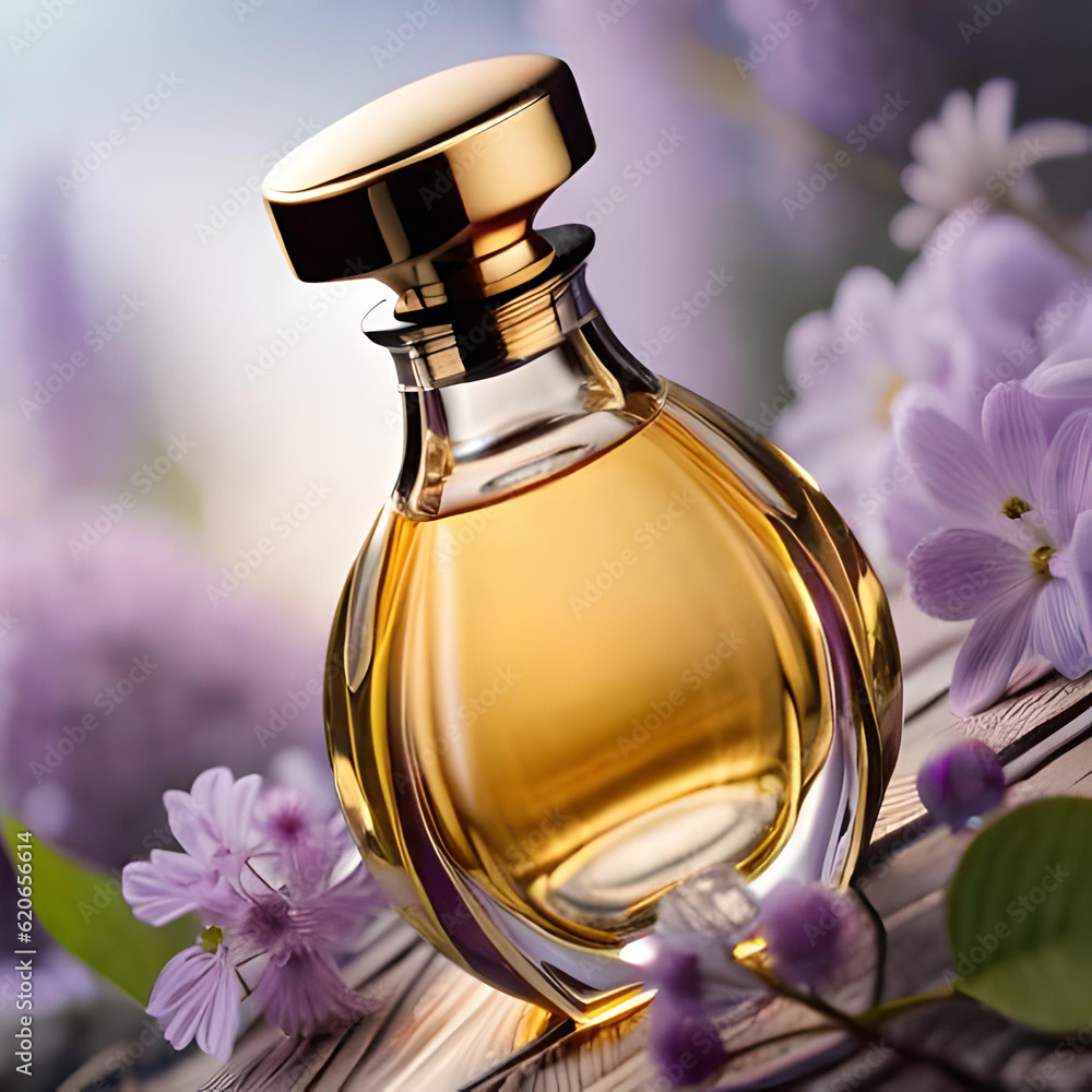 Bottle of luxury perfume surrounded by lilac flowers, view from above Generative AI Bottle of luxury perfume surrounded by lilac flowers, view from above Generative AI