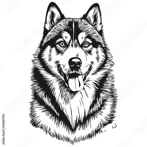 Malamute dog silhouette pet character, clip art vector pets drawing black and white realistic breed pet