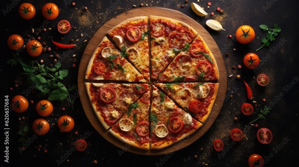 Pizza with spices Ingredients for salad on wooden background