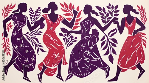 a horizontal graphic of dancing women, with a Matisse influence, Decor-themed in a JPG format. Generative AI
