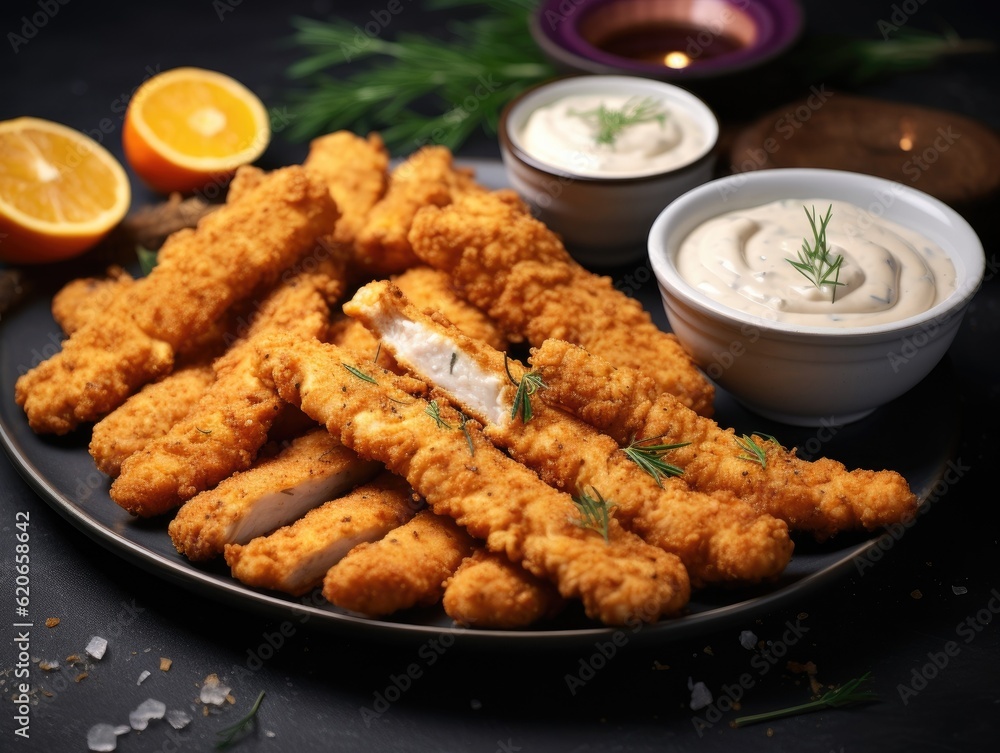 Chicken Tenders on dark background (generative AI) Chicken Tenders on dark background (generative AI)