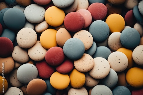 Colorful roundish pebbles background, top view. Vintage toned picture