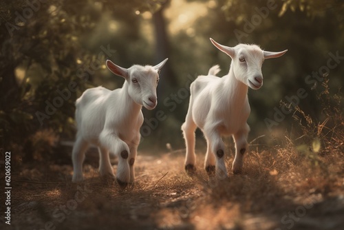 A pair of kid goats frolic outdoors in the summertime. Generative AI