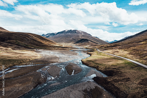 Iceland landscape summer mountain field river