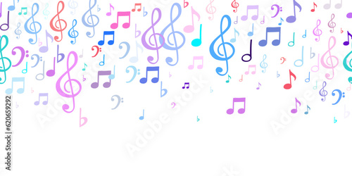 Seamless flying musical notes on white. Musical symbols for banner of festival, print design, melody recording, design back layers. Colorful musical notation symphony signs, notes for sound tune music