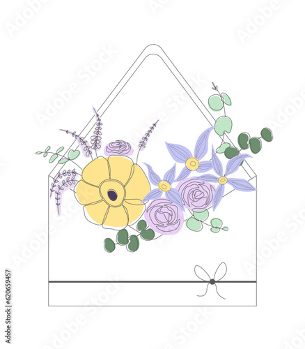 Romantic vector card with yellow anemone and purple roses in an envelope
