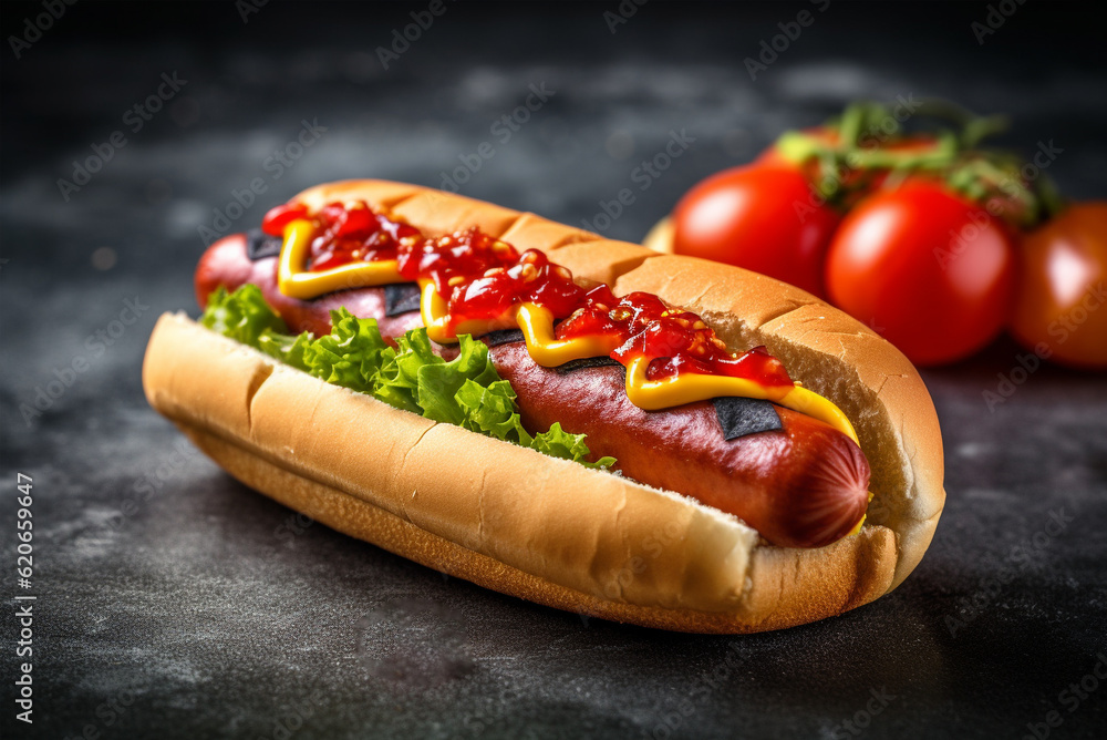 Hot dog with pickles, fried onions, sauce and mustard closeup on rustic background. Generative AI Hot dog with pickles, fried onions, sauce and mustard closeup on rustic background. Generative AI