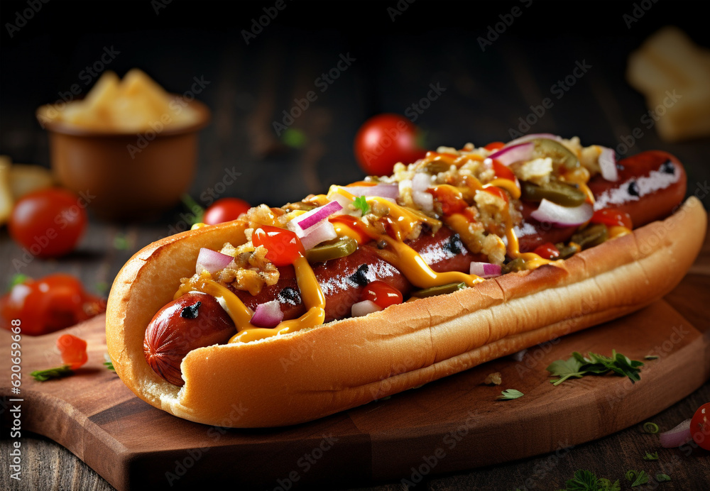 Hot dog with pickles, fried onions, sauce and mustard closeup on rustic background. Generative AI Hot dog with pickles, fried onions, sauce and mustard closeup on rustic background. Generative AI