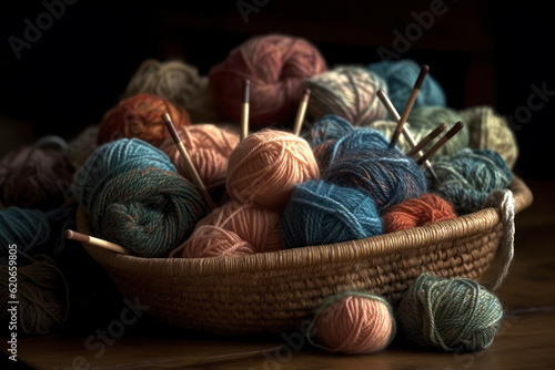 Multicolored yarn for knitting and needles, needlework and creativity concept, AI Generated