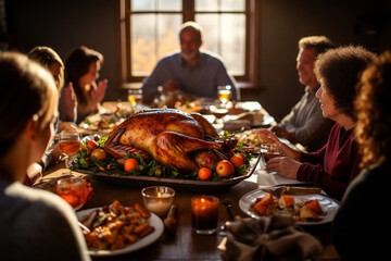 Thanksgiving roast turkey dinner family sitting around the table