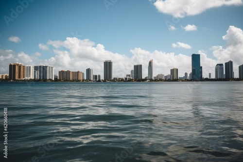 View of Miami skyline from Sunny Isles Beach, featuring panoramic view of Aventura. Located in sunny Florida. Generative AI
