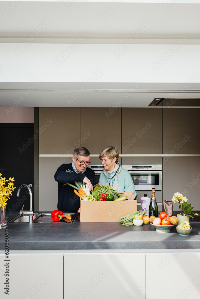 Housekeeping and unpacking groceries by senior couple Housekeeping and unpacking groceries by senior couple
