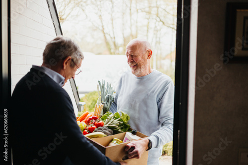 Caregiver delivering groceries at home photo