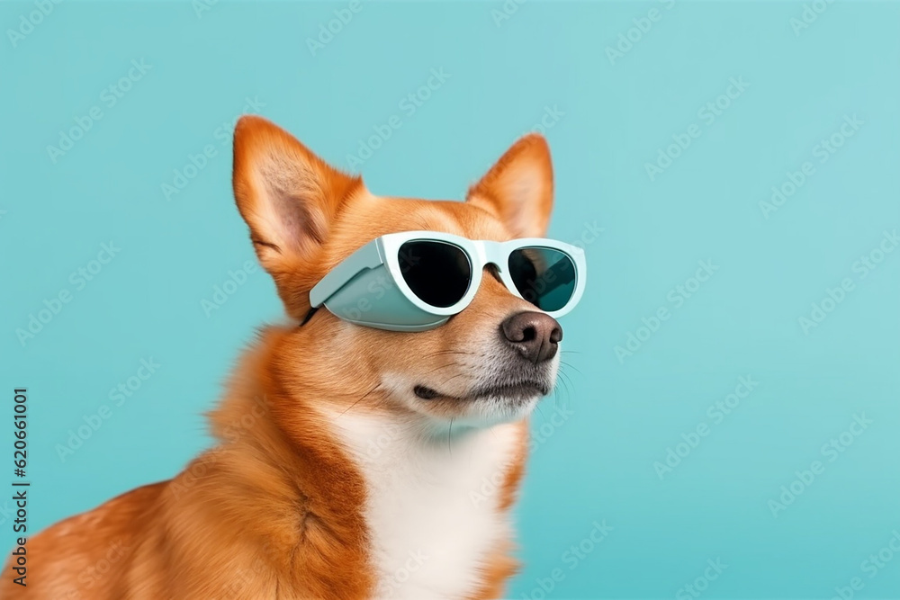 Closeup Portrait of Ginger Dog Wearing Sunglasses and Medical Mask - Isolated on Light Cyan - Copyspace - Created with Generative AI Tools