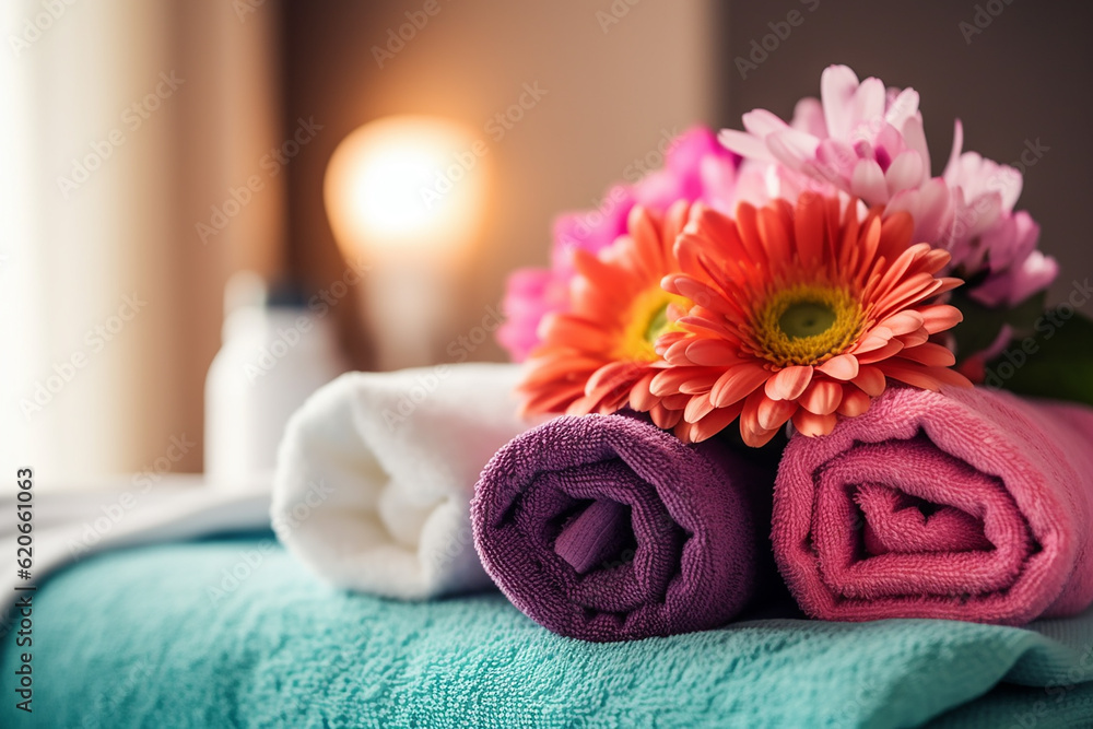 Fluffy Towels on Bed with Colorful Spa Flower - Created with Generative AI Tools Fluffy Towels on Bed with Colorful Spa Flower - Created with Generative AI Tools