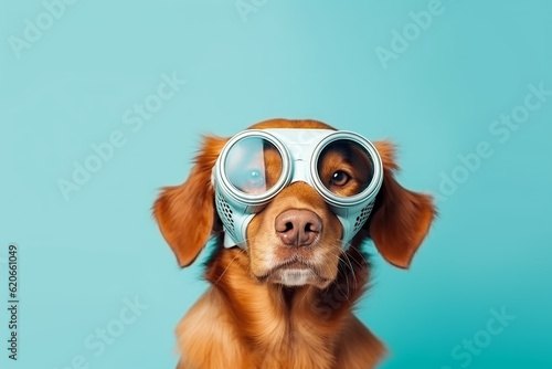 Closeup Portrait of Ginger Dog Wearing Sunglasses and Medical Mask - Isolated on Light Cyan - Copyspace - Created with Generative AI Tools