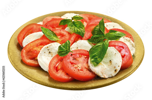 salada de tomate, queijo branco, folha de manjericão e pimenta isolado em fundo transparente