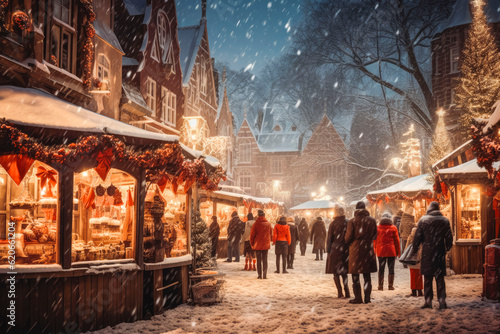People enjoying Christmas market with holiday spirits, snowy weather, winter wonderland. Generative AI © VisualProduction