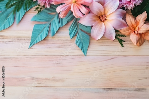 Light Color Wooden Background with Colorful Flowers and Leaves - View with Copy Space - Created with Generative AI Tools