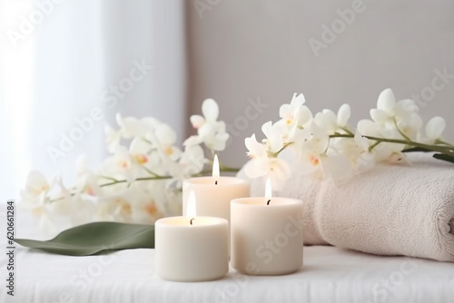 Spa Composition with Cream  Candles  and Flowers on White Table - Serene and Relaxing Ambience - Created with Generative AI Tools