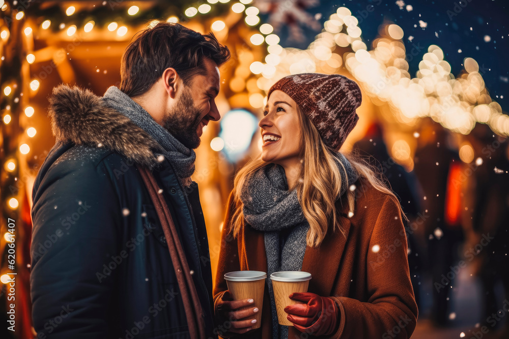 Attractive young couple having a cheerful time with hot chocolate, winter wonderland. Generative AI