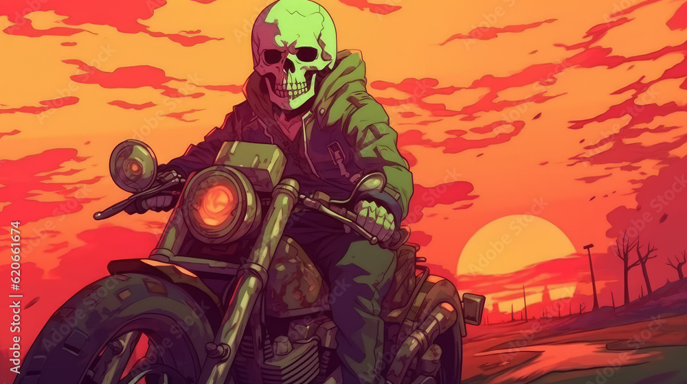 skeleton biker rides a motorcycle into the sunset.