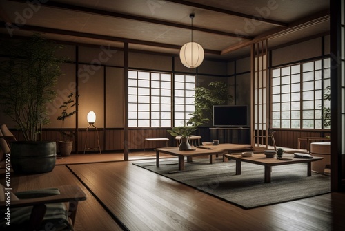 Japanese-style living room with wooden floor and 3D wall design. Generative AI