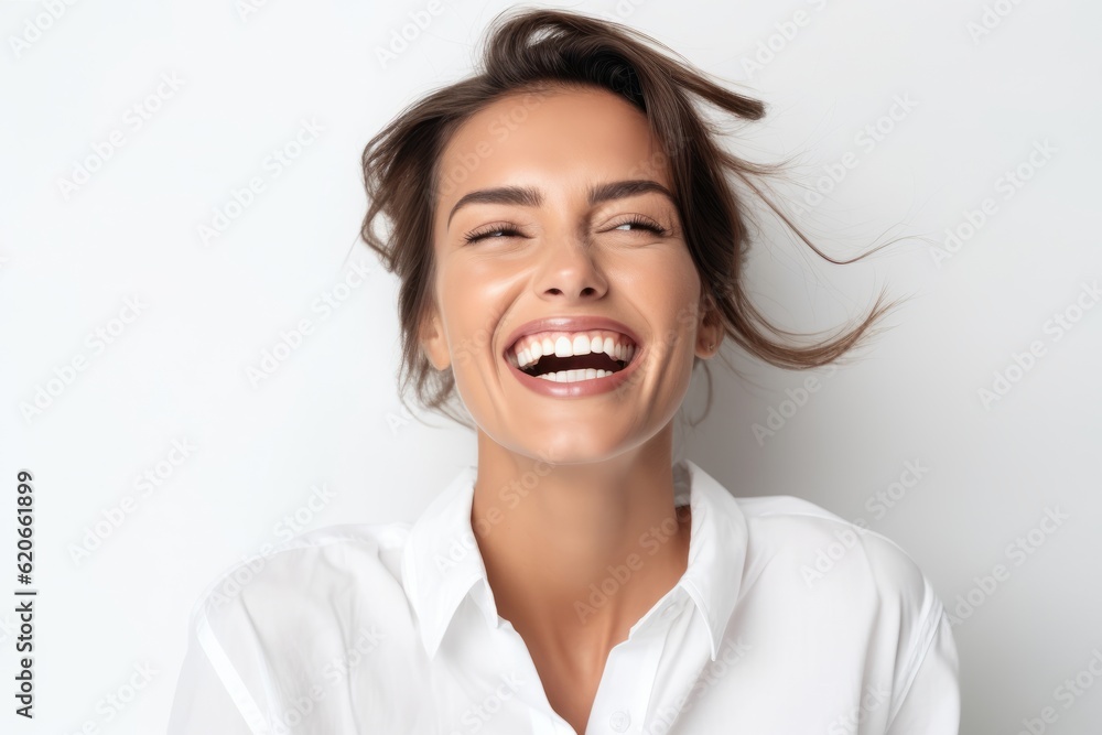 © igolaizola - Close up portrait of a happy young woman laughing on a white background © igolaizola - Close up portrait of a happy young woman laughing on a white background