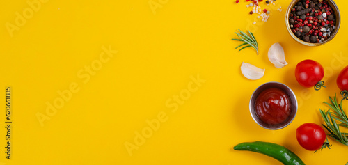 Cooking Concept with Spices and Vegetables on Yellow Background, Vegetarian Food, Background for Recipes, Top View photo