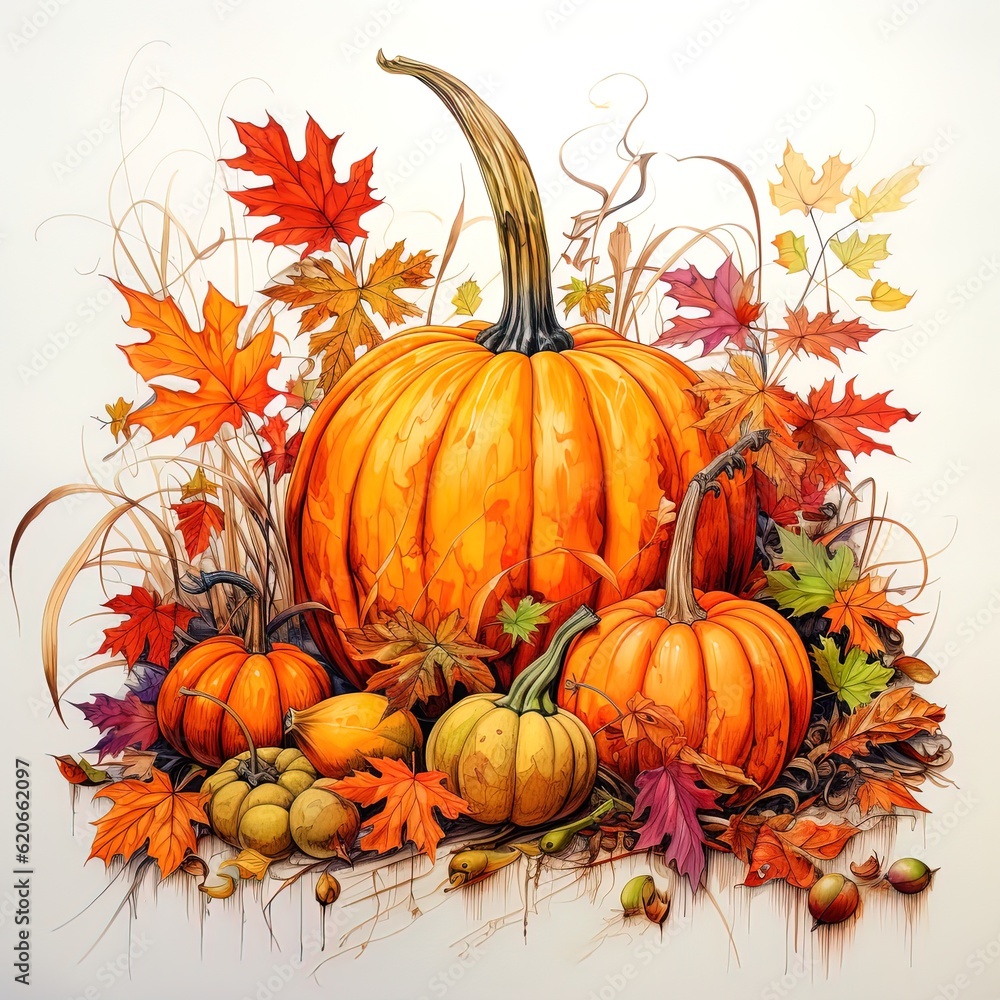 Autumn arrangement with pumpkin on isolated background.