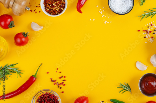 Fototapeta Naklejka Na Ścianę i Meble -  Cooking Concept with Spices and Vegetables on Yellow Background, Vegetarian Food, Background for Recipes, Top View
