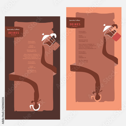 Drinks menu. Set. Coffee brewed in a geyser. Pre-made abstract composition. Flat style with lines, abstract spots. Hand-drawn decorative elements. Vector template. List, banner, booklet, flyer