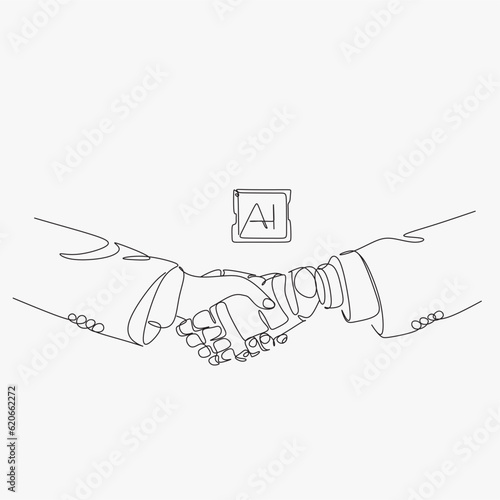 Artificial intelligence and business work together and shake hands сontinuous line art . Artificial intelligence helps businesses grow and make money black and white line drawing vector