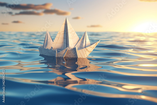 paper ship at sea rendering minimal background