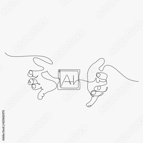 Continuous Line art Hands touching brain of AI, Symbolic, Machine learning, artificial intelligence of futuristic technology. 