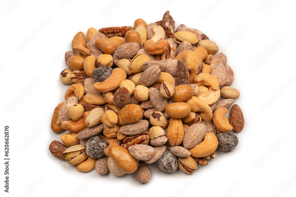 A group of almonds, pistachios, walnuts, macadamia, cashews. A group of almonds, pistachios, walnuts, macadamia, cashews.