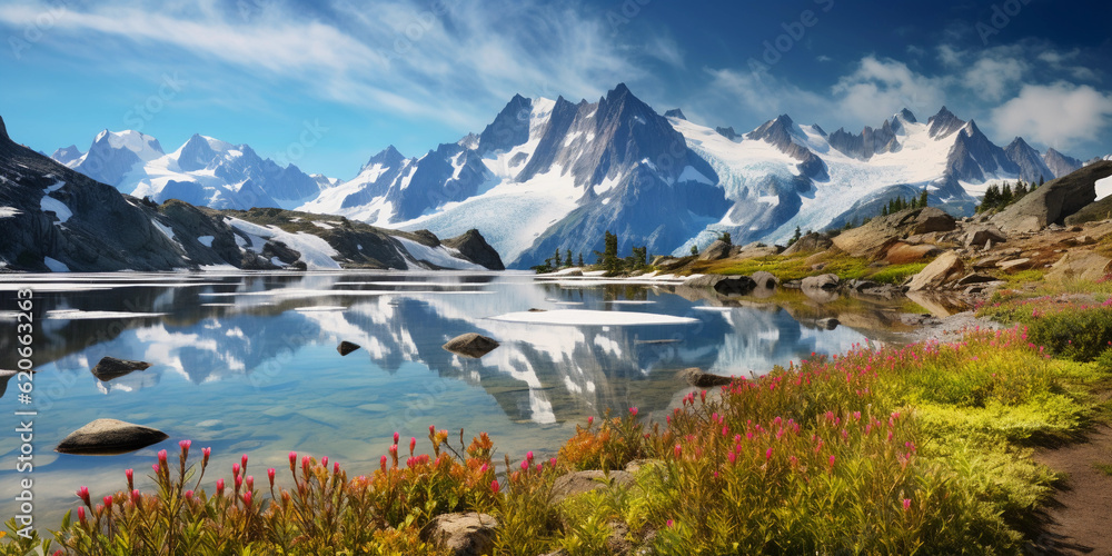 A placid mountain lake reflecting snowy peaks and a clear blue sky, with blooming wildflowers in the foreground