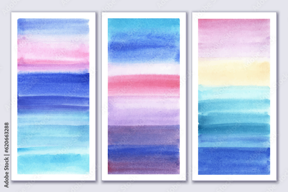 Set of watercolor soft gradient art posters. Wall canvas design. Abstract landscape. Sea, ocean view, sky. Calm bright colors. Interior art.