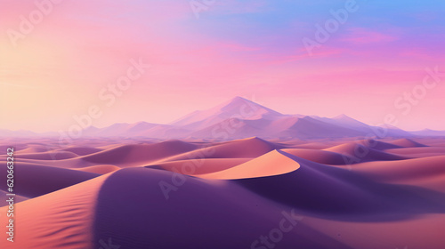 A desert landscape at dusk, sand dunes glowing under the setting sun, clear sky transitioning from azure to shades of pink and violet