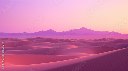 A desert landscape at dusk, sand dunes glowing under the setting sun, clear sky transitioning from azure to shades of pink and violet