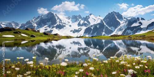 A placid mountain lake reflecting snowy peaks and a clear blue sky, with blooming wildflowers in the foreground