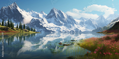 A placid mountain lake reflecting snowy peaks and a clear blue sky  with blooming wildflowers in the foreground